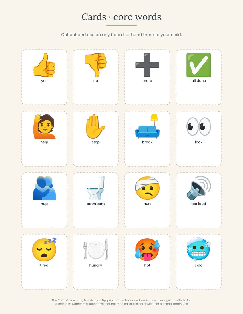Sixteen cut-out core word communication cards
