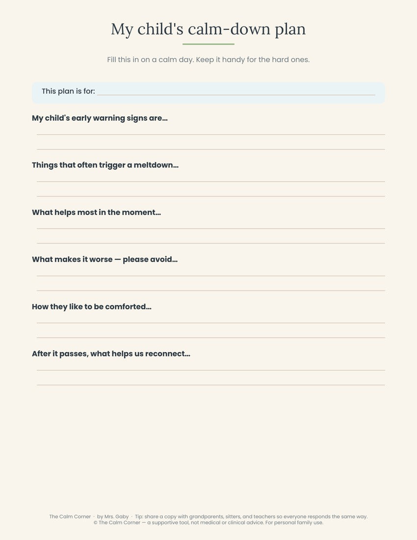 Fill-in calm-down plan for your child