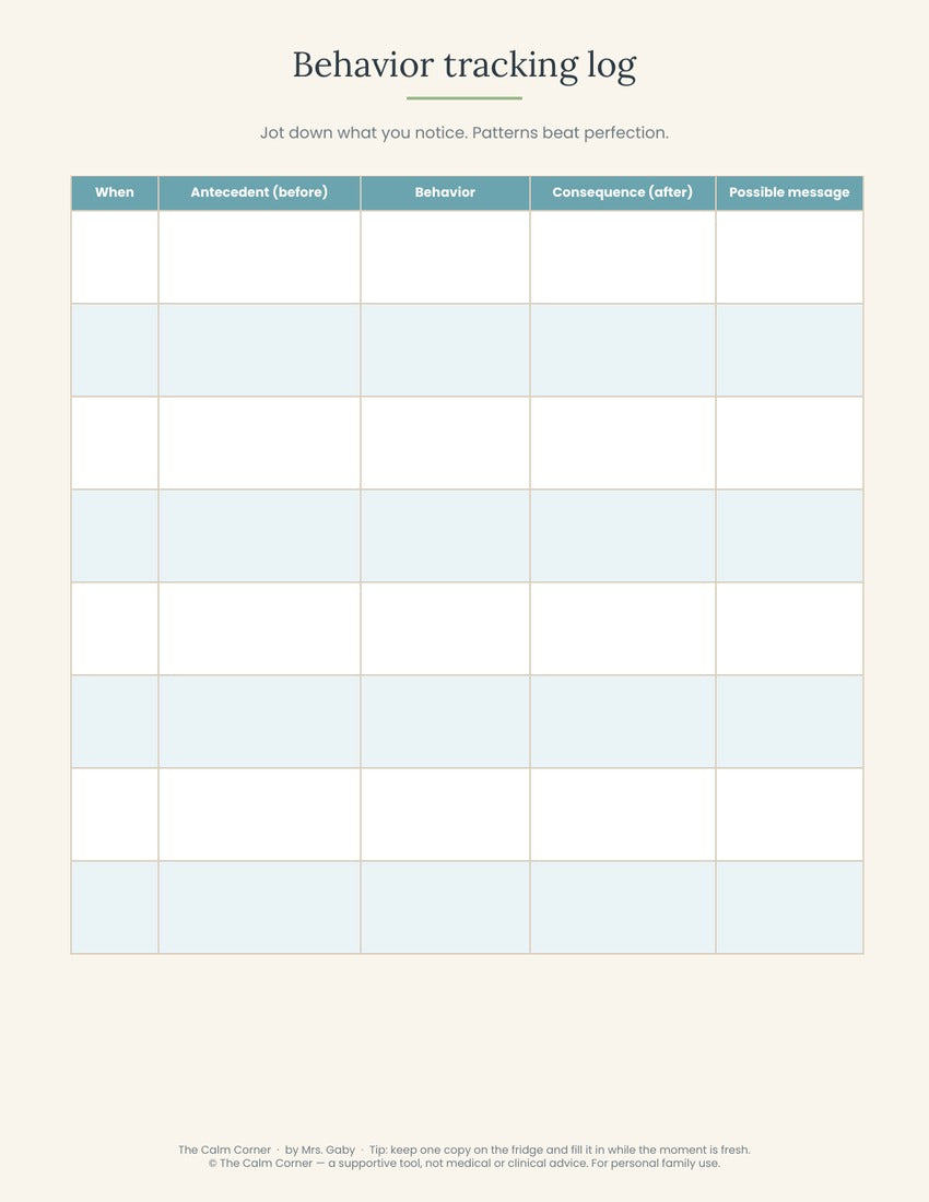Blank behavior tracking log with columns for antecedent, behavior, and consequence