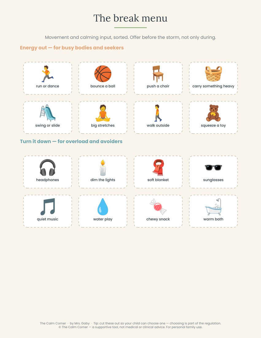 Break menu with movement and calming activity cards