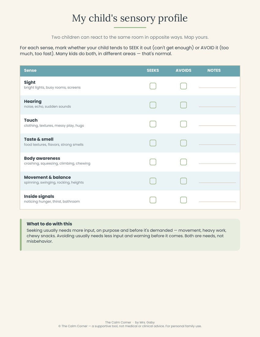 Sensory profile worksheet for tracking what a child seeks or avoids