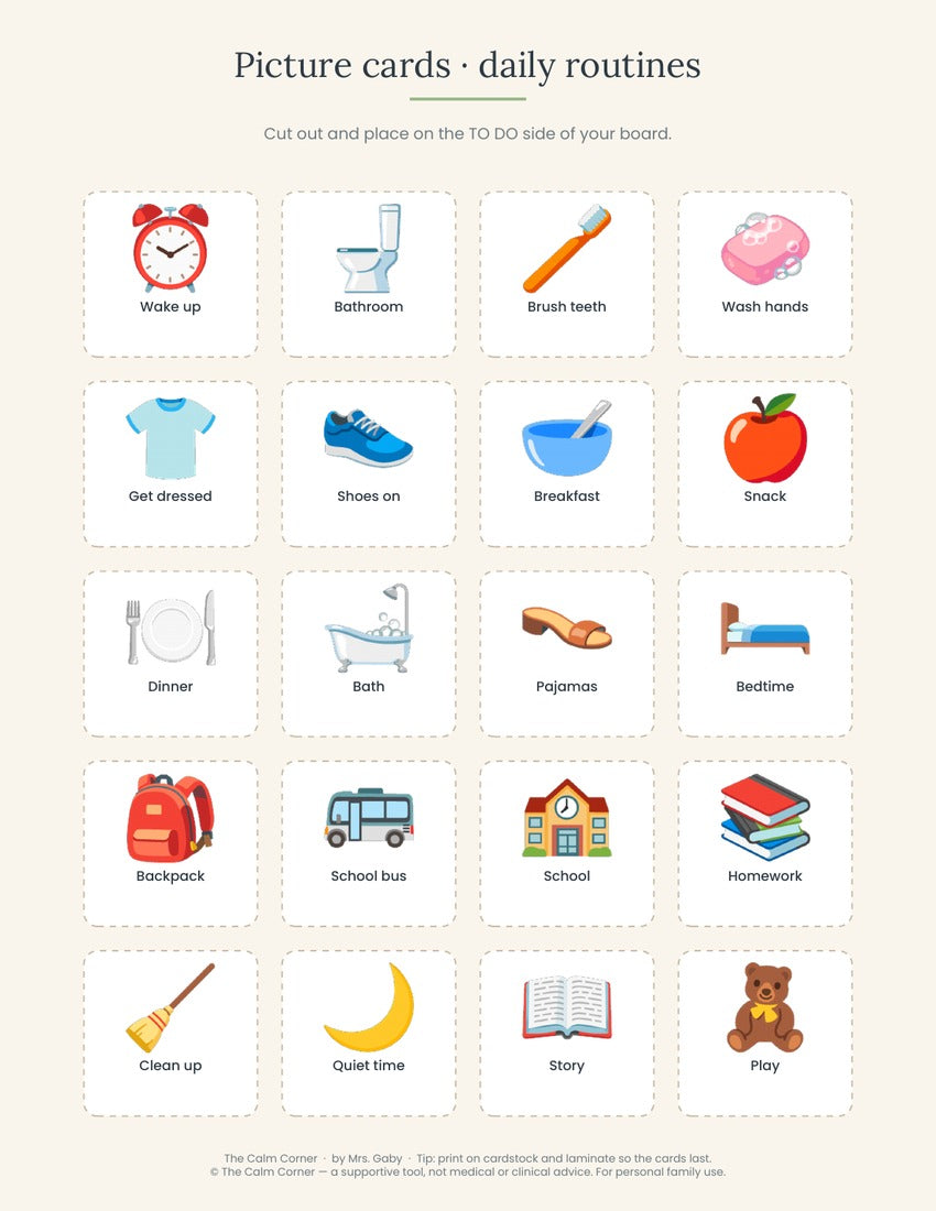 Twenty cut-out picture cards for daily routines